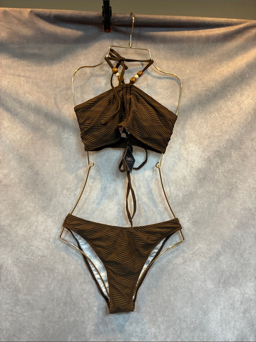Zaful Brown Ribbed Halter Bikini with Wooden Bead Accents